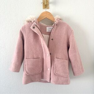 Zara Kids Pink Coat with Furry Hood Girls 3T-4T